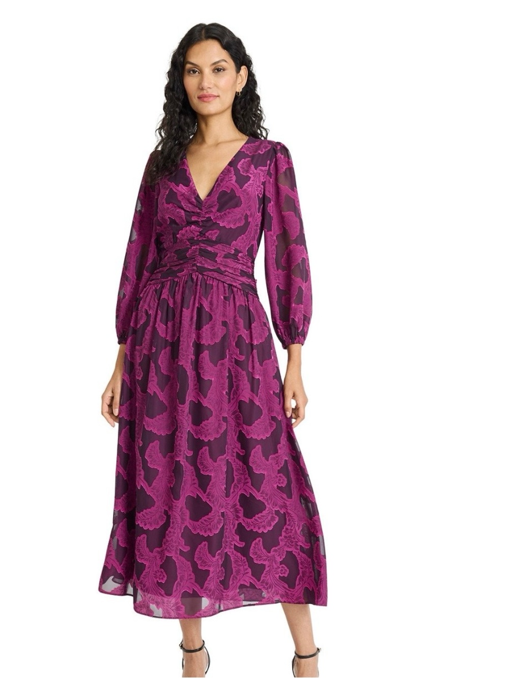 Maggy London Plum & Magenta Floral V-Neck Midi Dress